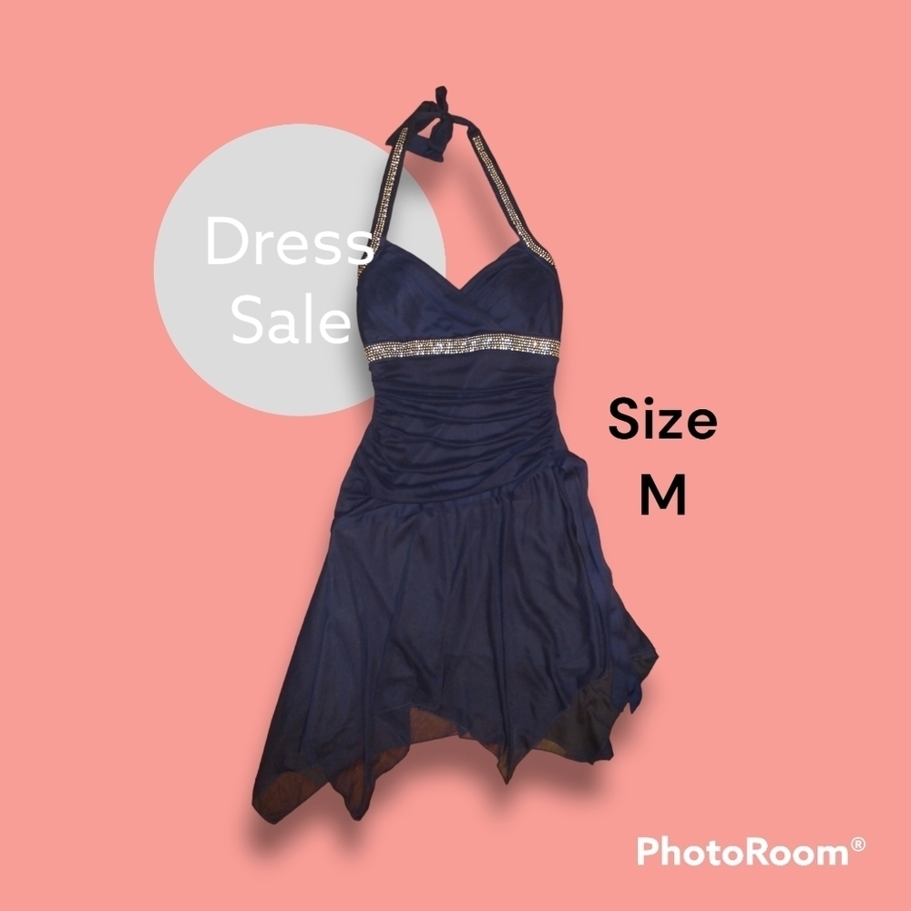 Asymmetrical halter tie-neck navy blue dress with rhinestones (3 missing)